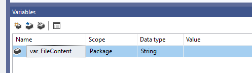 Variables table showing var_FileContent, Package scope, String data type.